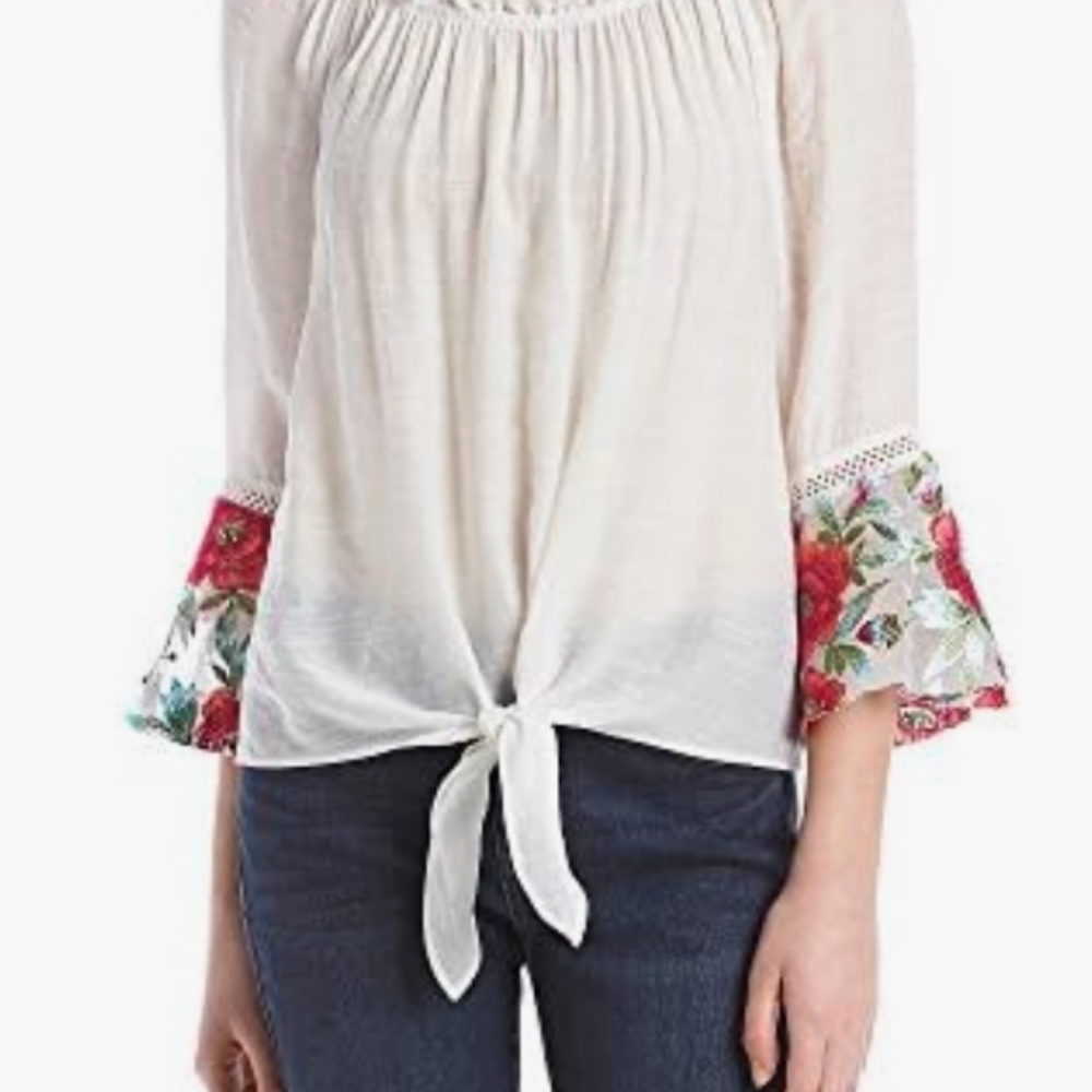 A. Byer Peasant Top with Floral Embroidered Bell Sleeves - Picture 2 of 13